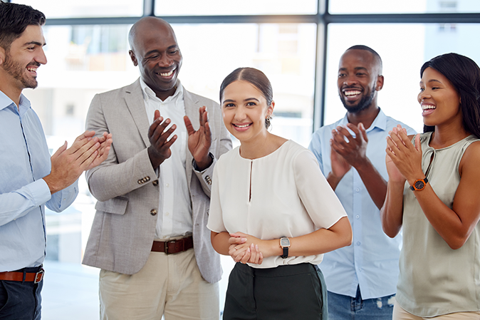 Business, team appreciation celebration and office woman worker happy with teamwork and success. Portrait of employee motivation, support and working community of a corporate company crowd clapping.