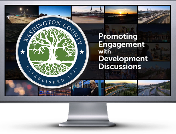 Computer monitor showing the Washington County logo with title of course Promoting Engagement with Development Discussion