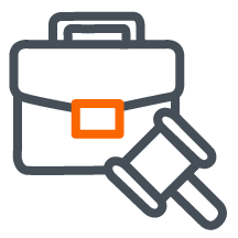 Icon of a briefcase with a gavel and an orange clasp