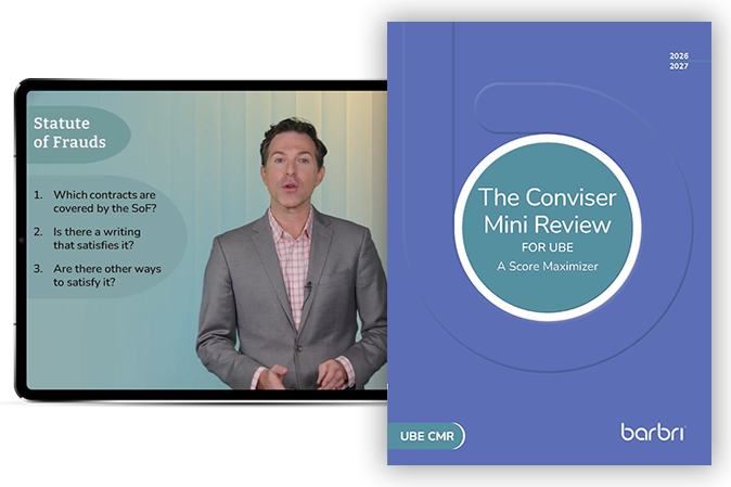 The Conviser Mini Review book next to a computer monitor with Sam Farkas presenting on Statutes of Frauds