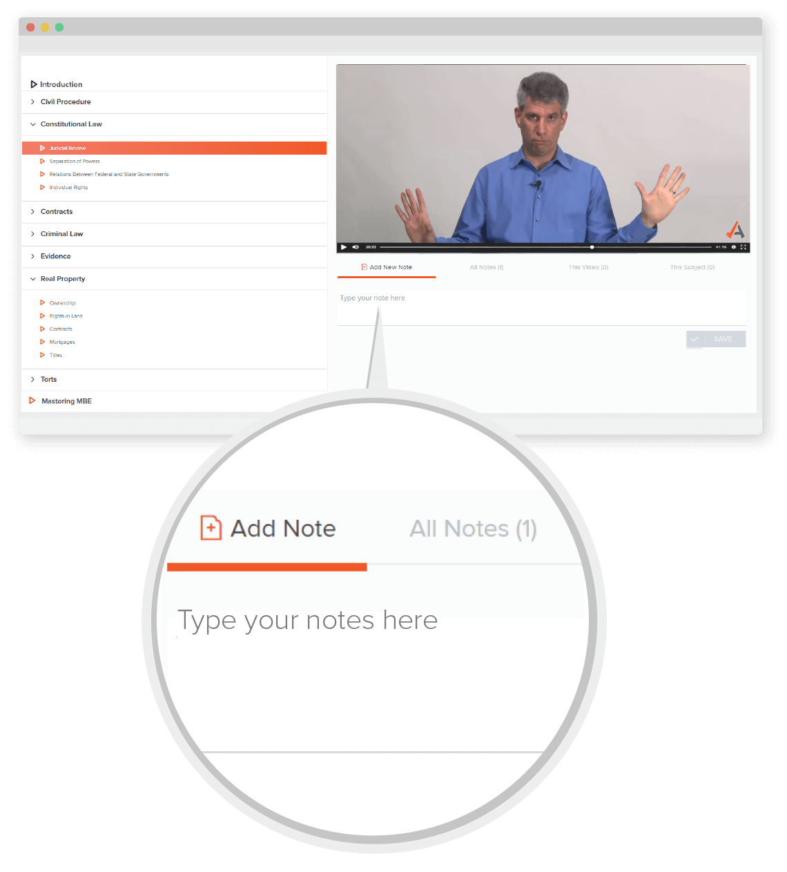 Example of a video lecture with a callout for how to take notes